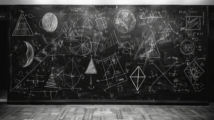 Imitation of a black empty chalk board with white chalk drawings on the theme of geometry and algebra. monochrome image.