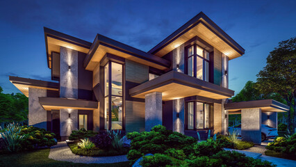 3d rendering of modern two story house with gray and wood accents, large windows, parking space in the right side of the building. Clear summer night with many stars on the sky.