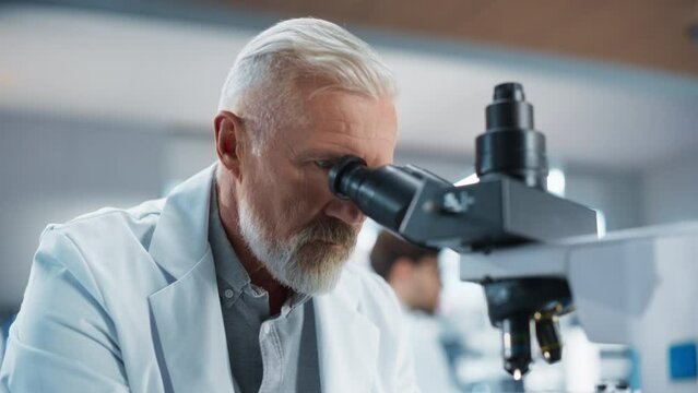 Senior Medical Research Scientist Looking at Biological Samples Under a Microscope in an Applied Science Laboratory. Portrait of a Handsome Middle Aged Doctor Working on a Research Project