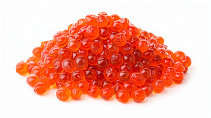 A top-view photograph captures the exquisite beauty of red caviar arranged delicately on a pristine white background. The vibrant hues of the caviar pop against the clean backdrop, creating a visually