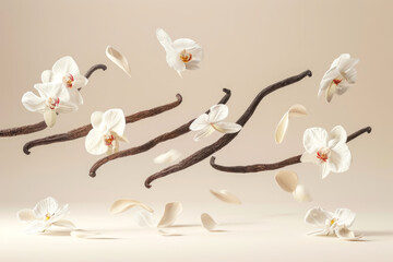 Levitating vanilla pods with flowers on a light pink background with space for text or inscriptions
