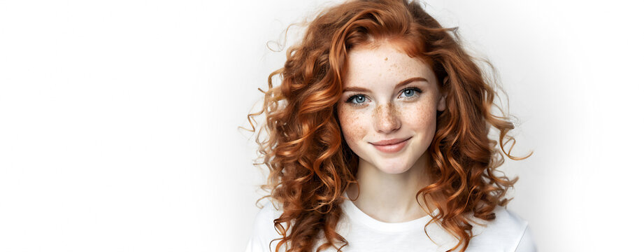 Primer plano de una chica pelirroja con pecas. Mujer con el pelo rojo feliz y sonriente. Persona sonriente con camisa blanca sobre fondo blanco. Mujer sobre fondo blanco con espacio de copia.
