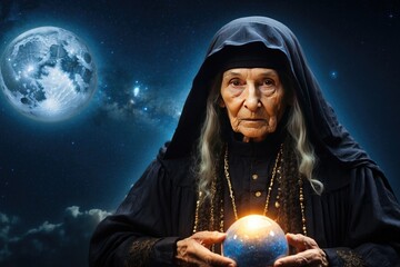 Grandma the fortune teller against the backdrop of the cosmos. - obrazy, fototapety, plakaty