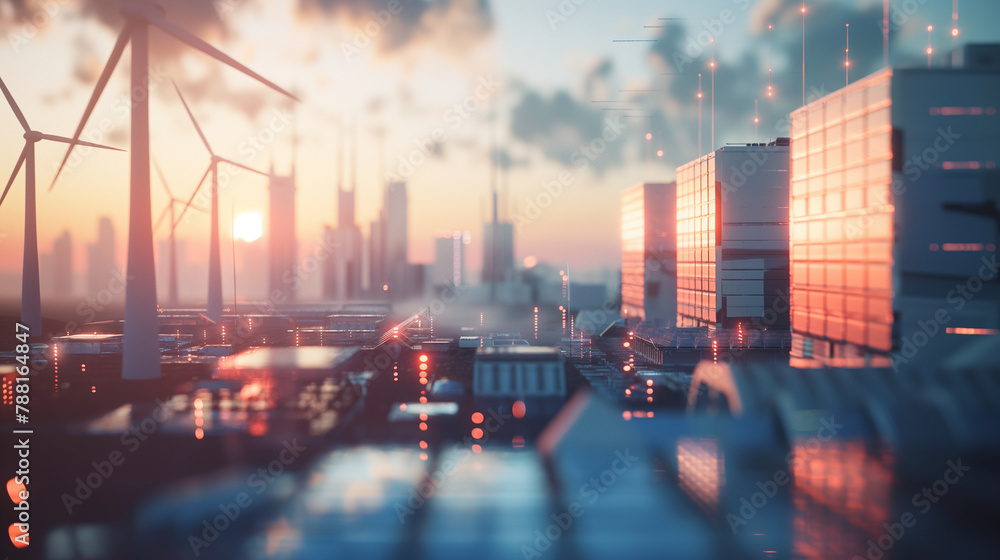 Poster a futuristic cityscape powered efficiently by renewable energy with dynamic storage systems visibly 