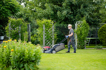 Middle age man mowing grass with electric lawn mower in a backyard. Gardening care tools and...