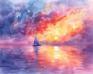 Oil Paint Sunset Calm Sea Wall Art Generated by AI - obrazy, fototapety, plakaty