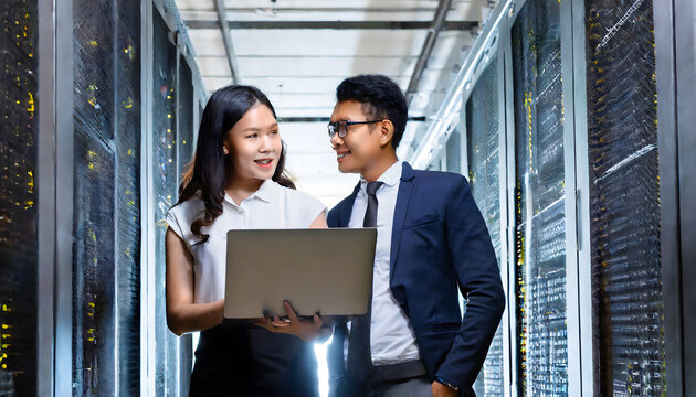 Two business people standing in server room with laptop and discussing. Generative AI.