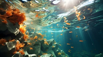 Underwater view of the coral reef. Underwater panorama.
