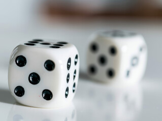 Simplistic image of a pair of dice with house icons, placed on a clean white surface, symbolizing housing market risk