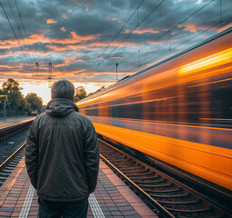 elder man with gray hair, raincoat seen from behind on the platform of a train station during sunset  - obrazy, fototapety, plakaty
