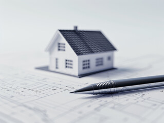 A single, elegant pen laying across a simple house blueprint on a pure white surface