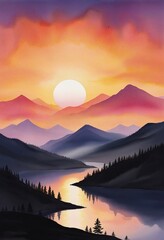 Orange Twilight: A Romantic Landscape Illustration, Watercolor