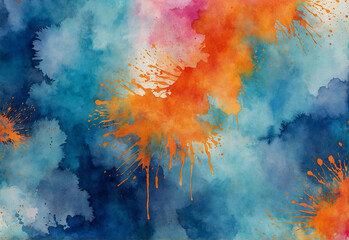 abstract blue watercolor hand-painted background with orange splash strike