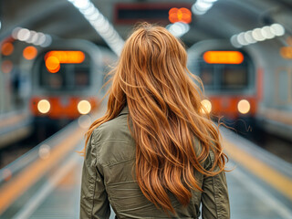 young woman with red orange hair wearing a kaki jacket seen from behind on the platform of a train/ metro/ subway station, commute public transport - obrazy, fototapety, plakaty