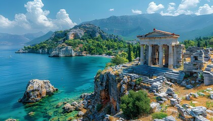 Ruins of an Ancient Greek temple. Ancient Roman forum ruins on the Mediterranean Sea. Temple to god Apollo. Old architecture on the sea with blue sky and crystal clear ocean