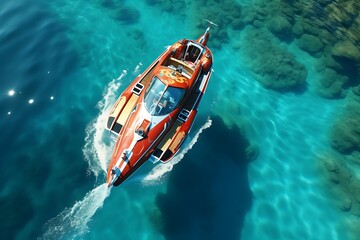 Aerial view of luxury motorboat floating on the sea