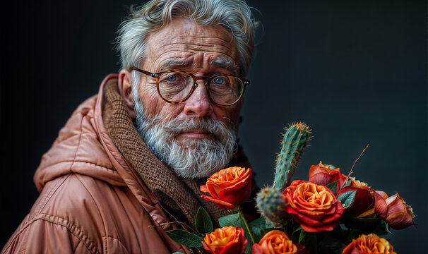 portrait of a middle aged white man wearing glasses and a pink jacket and holding a big flower and cactus bouquet,  funky vibe 