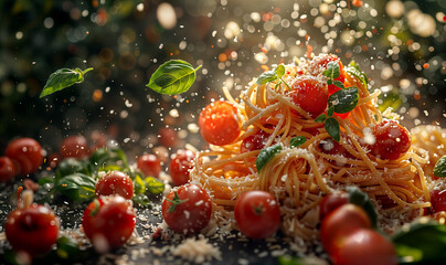 pomodoro spaghetti explosion levitating ingredients artistic italian food photo - obrazy, fototapety, plakaty