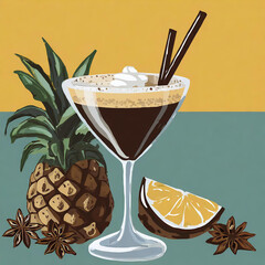 Cocktail glass with yellow drink, straw, pineapple, orange, fresh anise; blue and yellow background. 