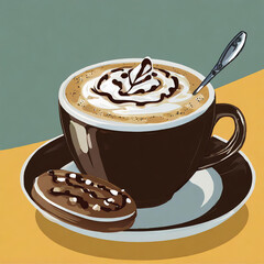 Cup and saucer with cappuccino, chocolate sprinkles on top, cookie; blue and yellow background.
