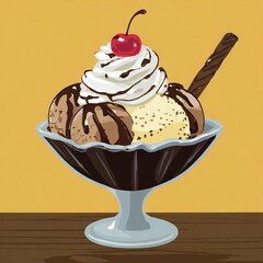 Ice cream sundae with vanilla and chocolate ice cream, whipped cream and red cherry on top.
