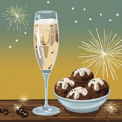 Glass with bubbling champagne, bowl of Dutch oliebollen, fireworks; blue and yellow background.