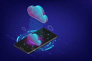 Cloud online computing technology concept. Abstract 3d isometric vector illustration. Web cloud storage technology business with big data transfer on internet with gadget of smartphone. Internet data  - 788167666