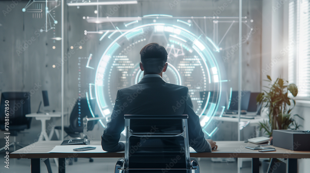 Poster a man is sitting at a desk in front of a computer monitor with a blue circle on it. the man is weari