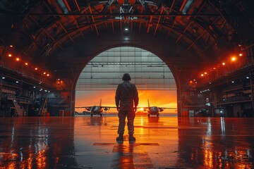 A solitary pilot stands facing fighter jets inside an immense aircraft hangar, illuminated by a captivating sunset