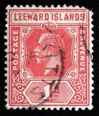 Ukraine, Kiyiv - February 3, 2024.Postage stamps from LEEWARD ISLANDS.A stamp printed in the LEEWARD ISLANDS shows King Edward VII , circa 1902