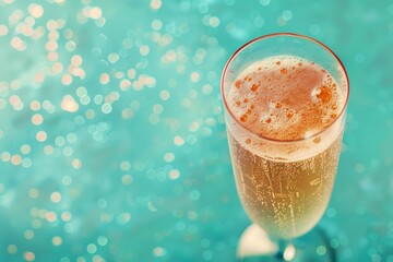 A glass of champagne on an turquoise background with bokeh lights. National Bubbly Day.