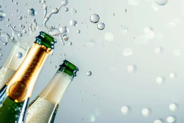 Closeup of champagne bottles with splashes and bubbles on a light background, high resolution photography stock photo with copy space for text in the top right corner. National Bubbly Day.
