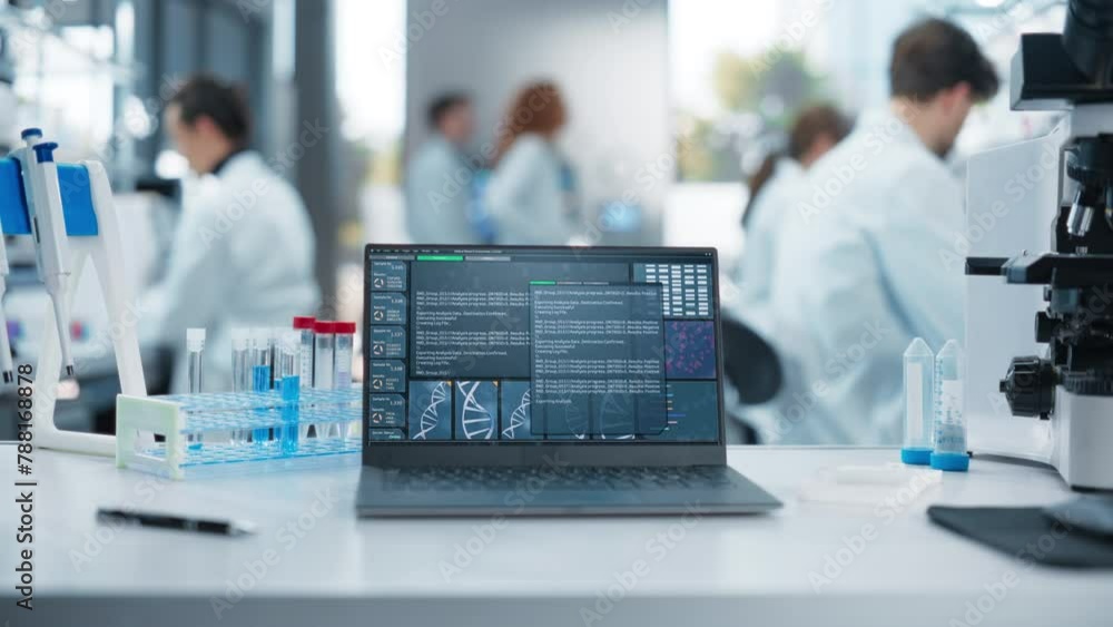 Leinwandbilder Computer Standing on a Table in an Advanced Biotech Laboratory. Software Analyzing Genomics Samples  and Generating Report for a a Group of Research Engineers. Specialists Working in the Background