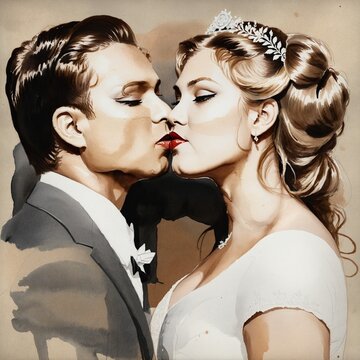 watercolor portrait of kissing couple