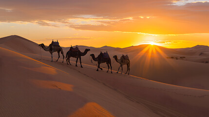 sand dunes Morocco Sahara desert sunset camels backlit - obrazy, fototapety, plakaty