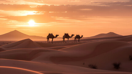 sand dunes Morocco Sahara desert sunset camels backlit