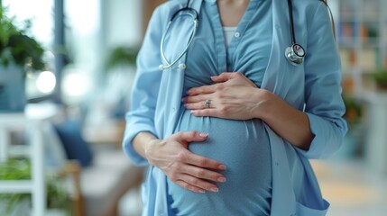 A pregnant female doctor in a blue shirt and white lab coat holding her belly, representing prenatal care and the work-life balance of women in medicine