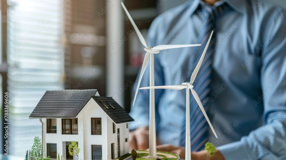 Poster a close-up of the project of new houses with wind turbines to generate environmentally friendly elec
