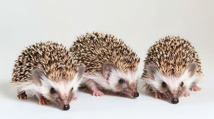 Three  pygmy hedgehogs on white background.