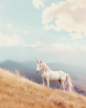 white unicorn with long hair standing in the grassland, light blue sky. style is minimalist, with a blurred background and light green and gray colors. natural scenery and snowy mountains