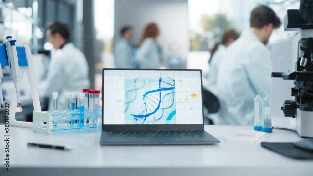 Fototapete Laptop Computer Standing on a Desk in a Modern Science Laboratory. Computer Application Showing a DNA Research Presentation on Screen. Anonymous Group of Scientists Working in the Background