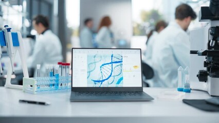 Laptop Computer Standing on a Desk in a Modern Science Laboratory. Computer Application Showing a DNA Research Presentation on Screen. Anonymous Group of Scientists Working in the Background