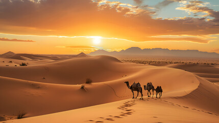 sand dunes Morocco Sahara desert sunset camels backlit - obrazy, fototapety, plakaty