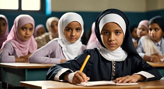 Muslim girls students in class.
