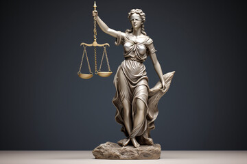 Lady Justice statue isolated on dark background, low angle view. Symbol of fair treatment under the law with space for text or inscriptions
