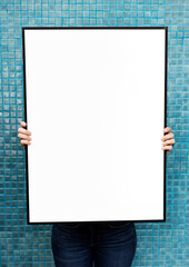 Black picture frame png mockup held by woman