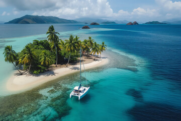 Exotic tropical sailing adventure on a luxurious sailboat with a group of travelers. Embarking on an aerial view maritime expedition. Hopping from island to island in the crystal clear blue sea
