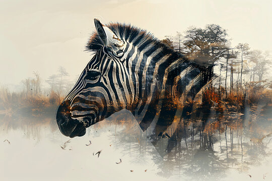 Zebra and the African savanna, double exposure photography
