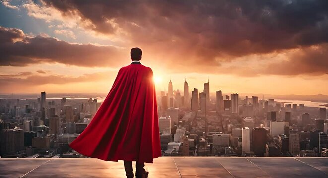 Man with red superhero cape in the city.