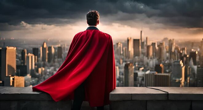 Man with red superhero cape in the city.